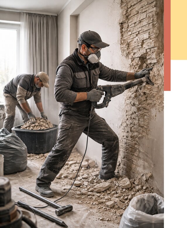 Демонтаж декоративного камня в Снежинске от 1507 руб/м² — быстро и недорого | ОТДЕЛОЧНИК-Снж