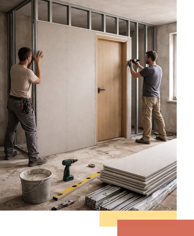 Перегородка из гипсокартона с дверью под ключ в Снежинске