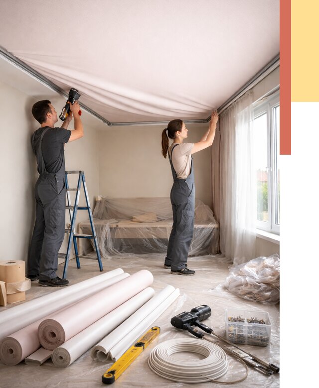 Монтаж цветного натяжного потолка в Снежинске от 4365 руб/м² — быстро и недорого | ОТДЕЛОЧНИК-Снж