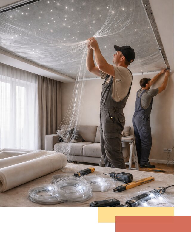 Монтаж натяжного потолка «Звездное небо» в Снежинске