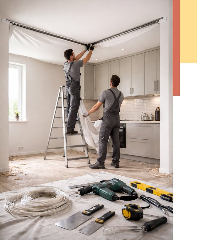 Установка натяжного потолка на кухне в Снежинске от 2494 руб. | ОТДЕЛОЧНИК-Снж