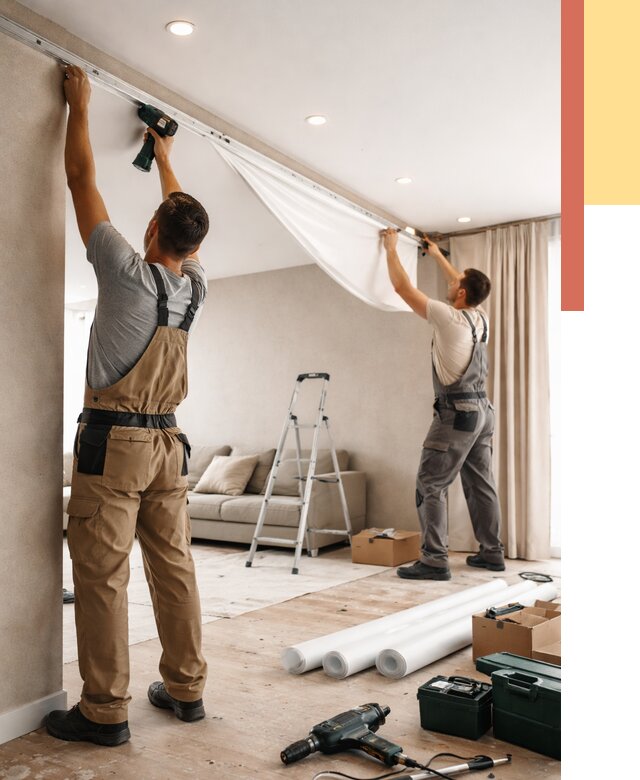 Монтаж натяжного потолка в гостиной в Снежинске от 572 руб. | ОТДЕЛОЧНИК-Снж