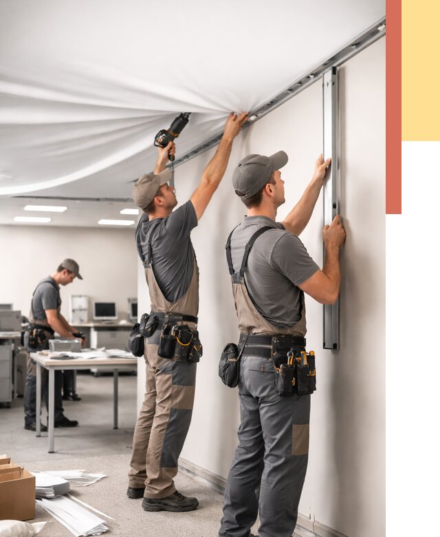 Монтаж натяжного потолка в офисе в Снежинске от 468 руб/м² — быстро и недорого | ОТДЕЛОЧНИК-Снж