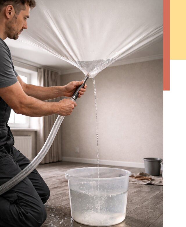 Слив воды с натяжного потолка в Снежинске от 2598 руб. быстро и недорого | ОТДЕЛОЧНИК-Снж