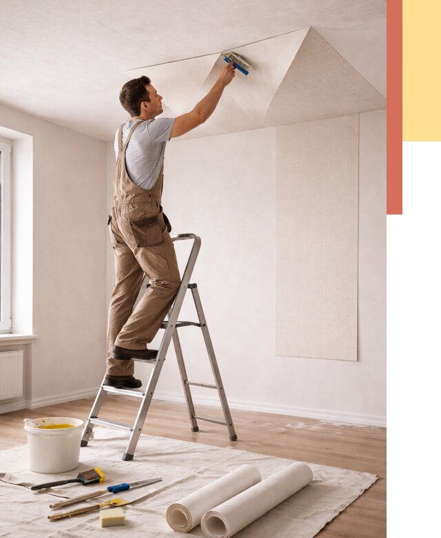 Поклейка обоев на потолок в Снежинске от 4676 руб. быстро и недорого | ОТДЕЛОЧНИК-Снж